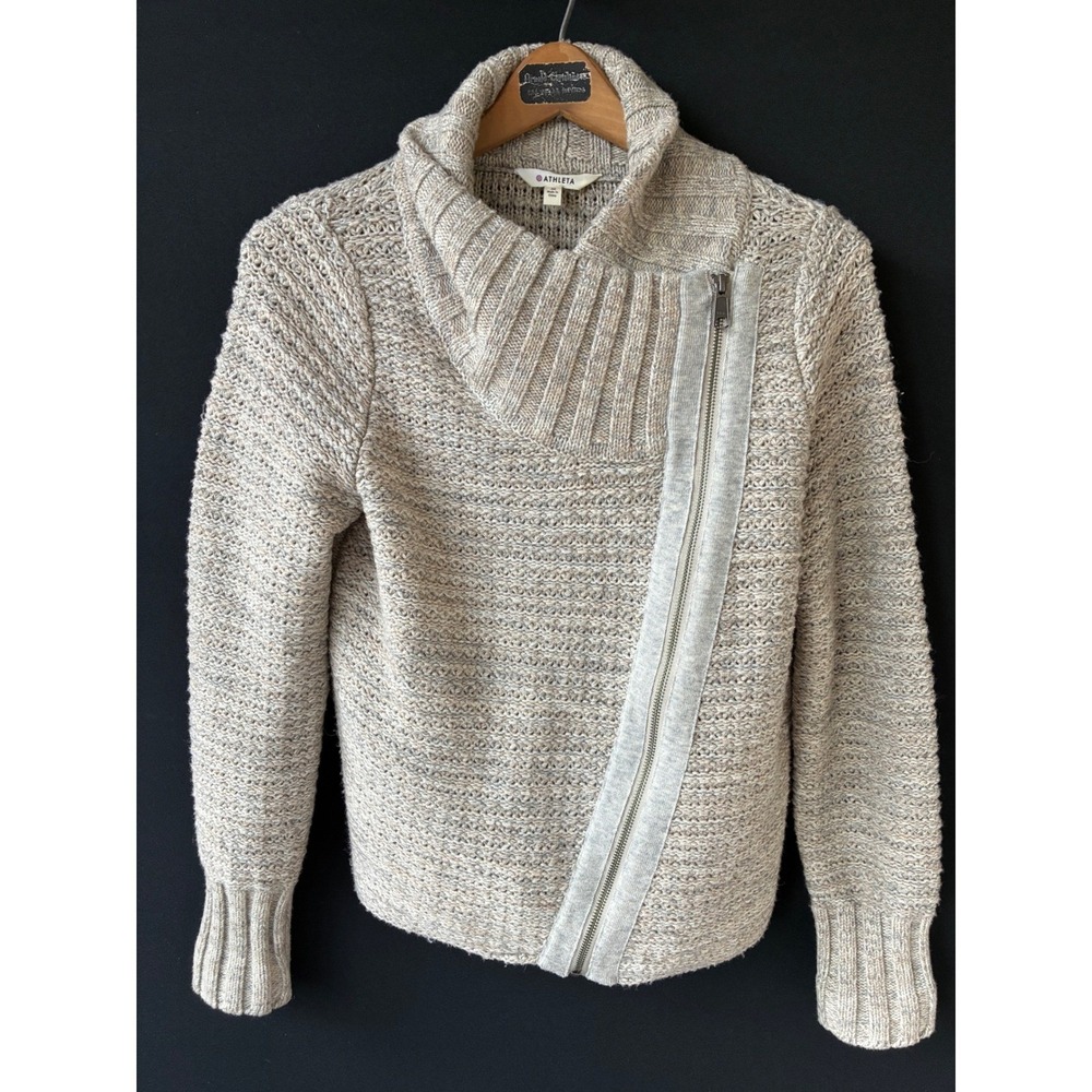 Athleta Merino Wool Asymmetrical Zip Moto Cardigan Sweater Tan Womens Medium - Picture 2 of 5